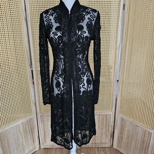 Cache Vintage Elegant Black Sheer Textured Long Cardigan Duster Button Up Size M